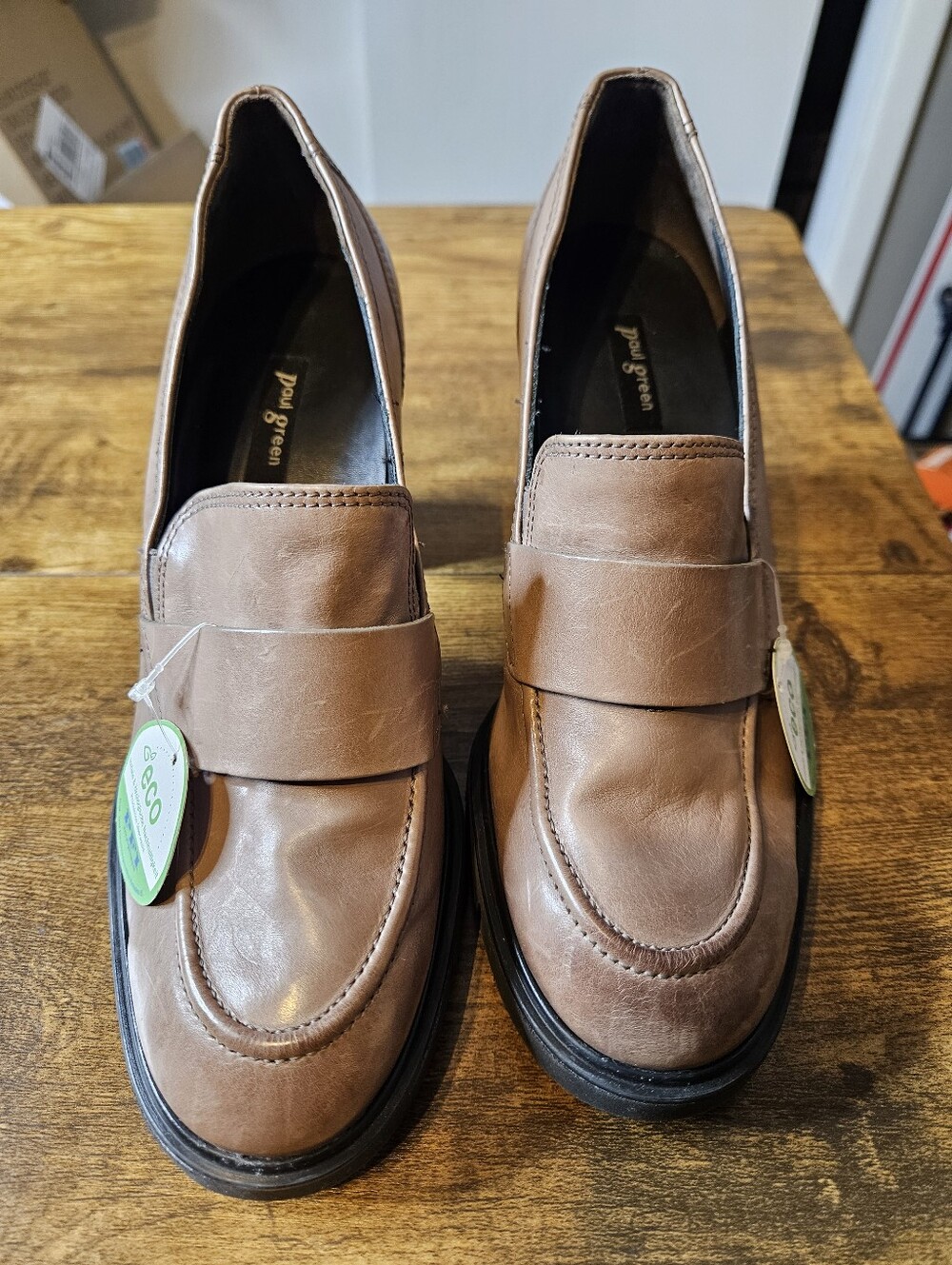 NEW Paul Green Nina Womens Loafer Pumps UK 4 US 6.5 Block Heel Tan Leather Marks